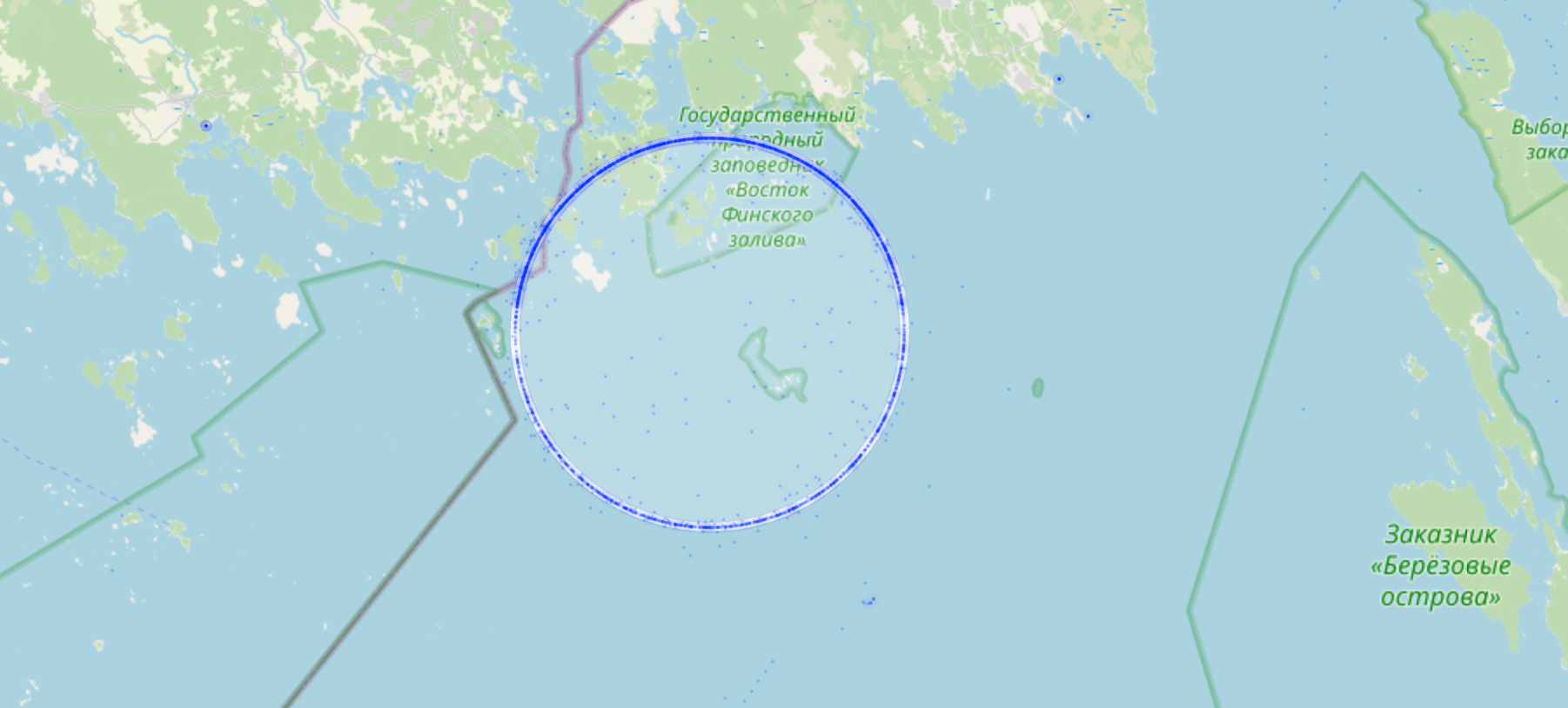AIS positions of ships plotted on a map in the Gulf of Finland, near the Russian-Finland border.