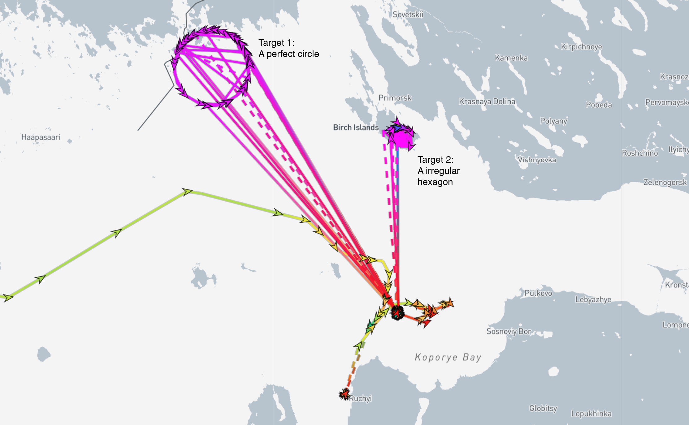 One ship, teleporting between two different spoofing targets. Screenshot: MarineTraffic.com