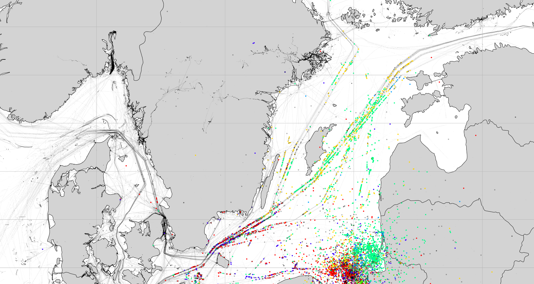 Spoofing for the entire day of June 14th, 2025. Colors represent systems. Data: aisstream.io, web.ais.dk, et. al.