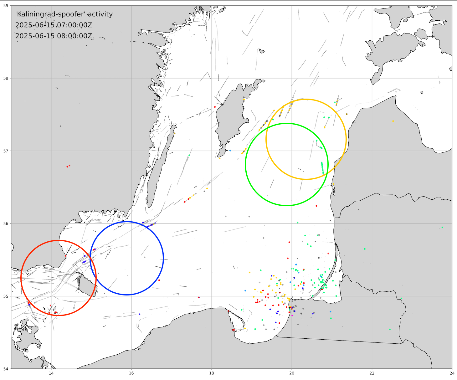 Spoofing for one hour of June 15th, 2025. Colors represent systems. Large circles are my manual annotations. Data: aisstream.io, web.ais.dk, et. al.